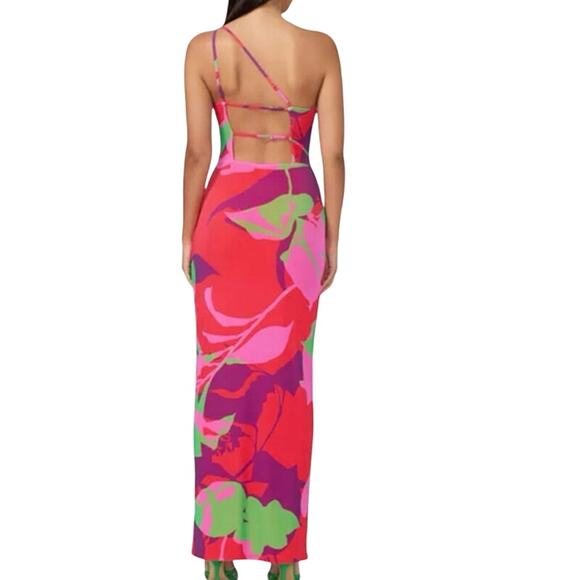 AFRM Foley Cold Shoulder Open Back Gown Graphic Floral Dress Tropical Mesh Sz XS - Picture 2 of 5